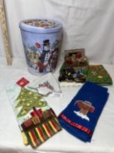 Box Lot/Christmas Décor Pieces, Kitchen Towels, ETC