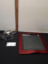 Teapot, metal tray