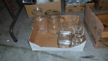 clear glass items, vases, pitcher, stemware