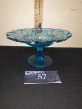 Vintage Blue Glass Dish on Pedestal