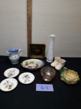 Vintage Glass Lot, vase ceramic shoes, bone china,  Norkitake, etc