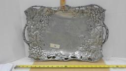pewter serving tray, 20in long with grape vine pattern