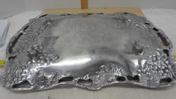 pewter serving tray, 20in long with grape vine pattern