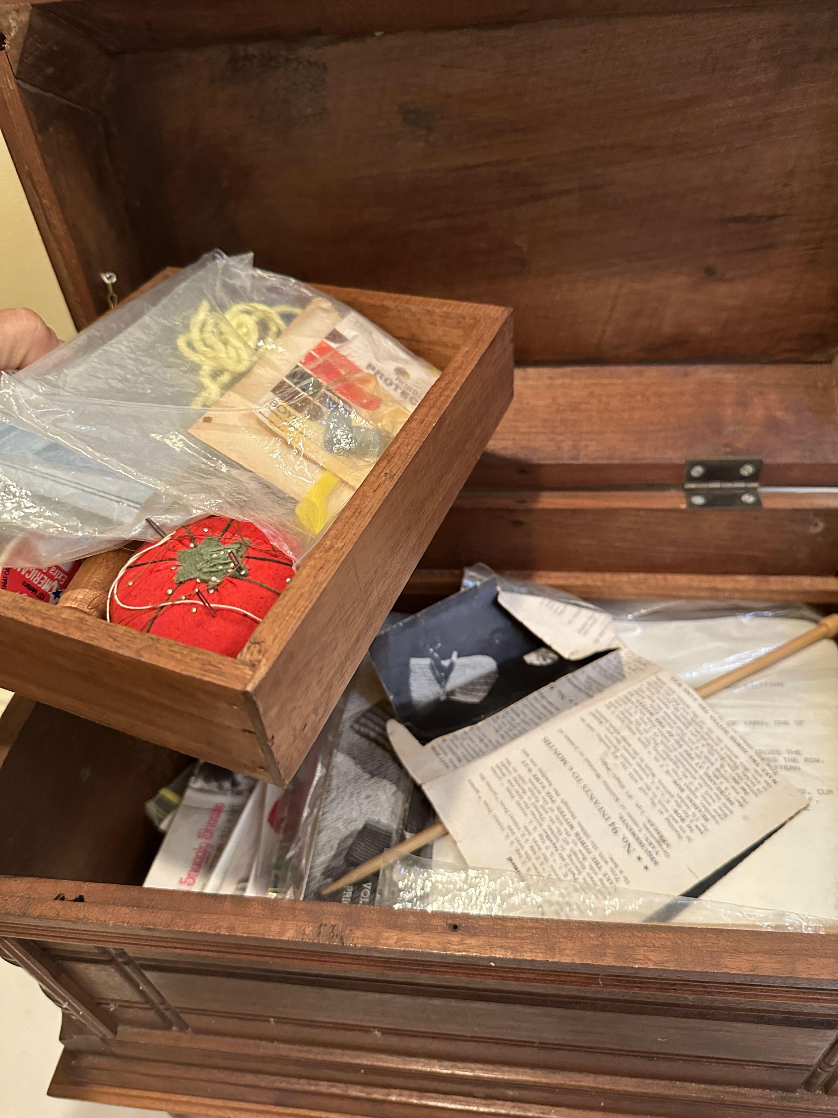 Vintage Solid Wood Sewing Cabinet with Misc Sewing Material (Local Pick Up Only)