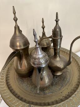 Vintage Ornate Turkish Brass Tea/Coffee Pot Set with Round Tray (Local Pick Up Only)