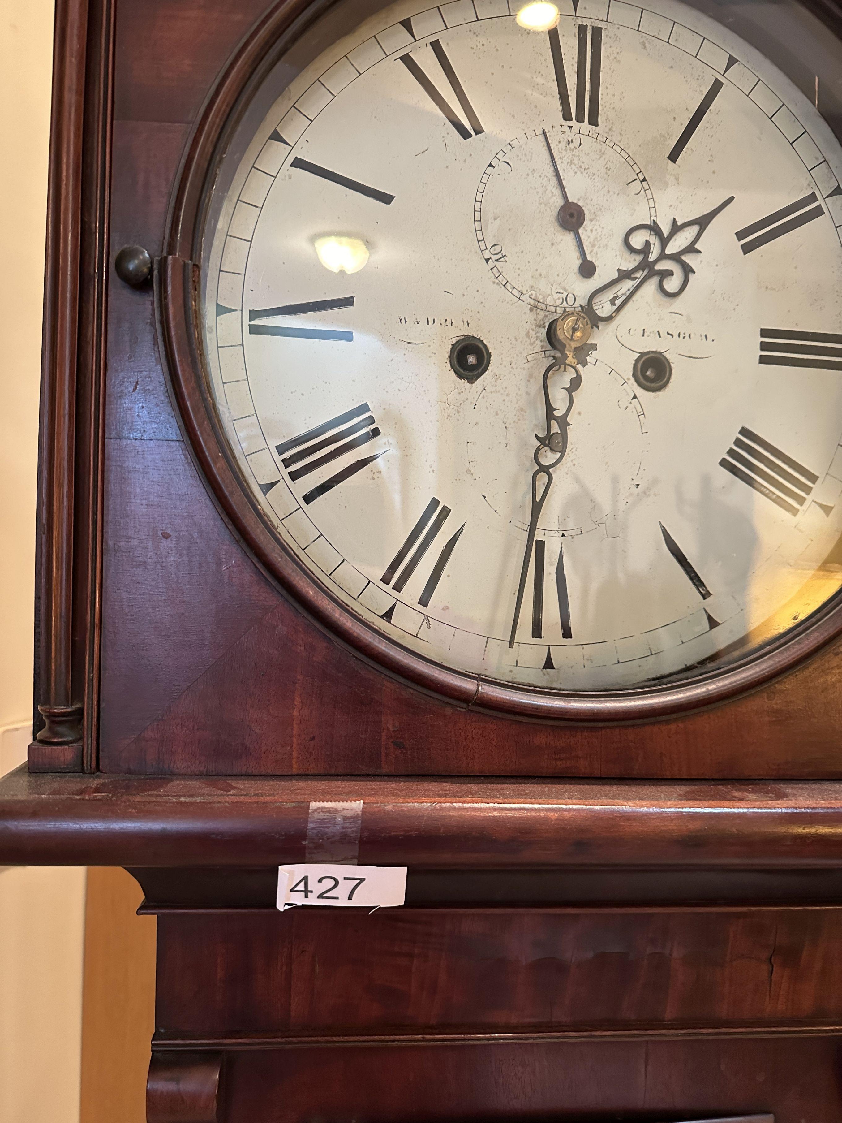 Antique Mahogany Scottish Grandfather Clock/Round Enamel Diel, Wm. Drew, Glasgow (Local Pick Up Only