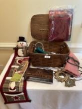 Vintage Pic Nic Basket Full/Heating Pad, Yarn, Alarm Clock, ETC