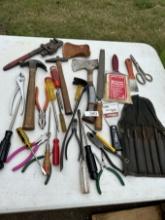 Box Lot/Misc Tools, Hatchet wih Sheath, ETC