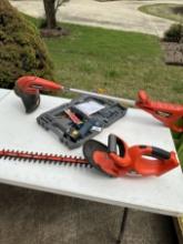 Box Lot/Hedge Trimmers with Battery & Charger, Drill (No Charger), String Trimmer (No Charger)