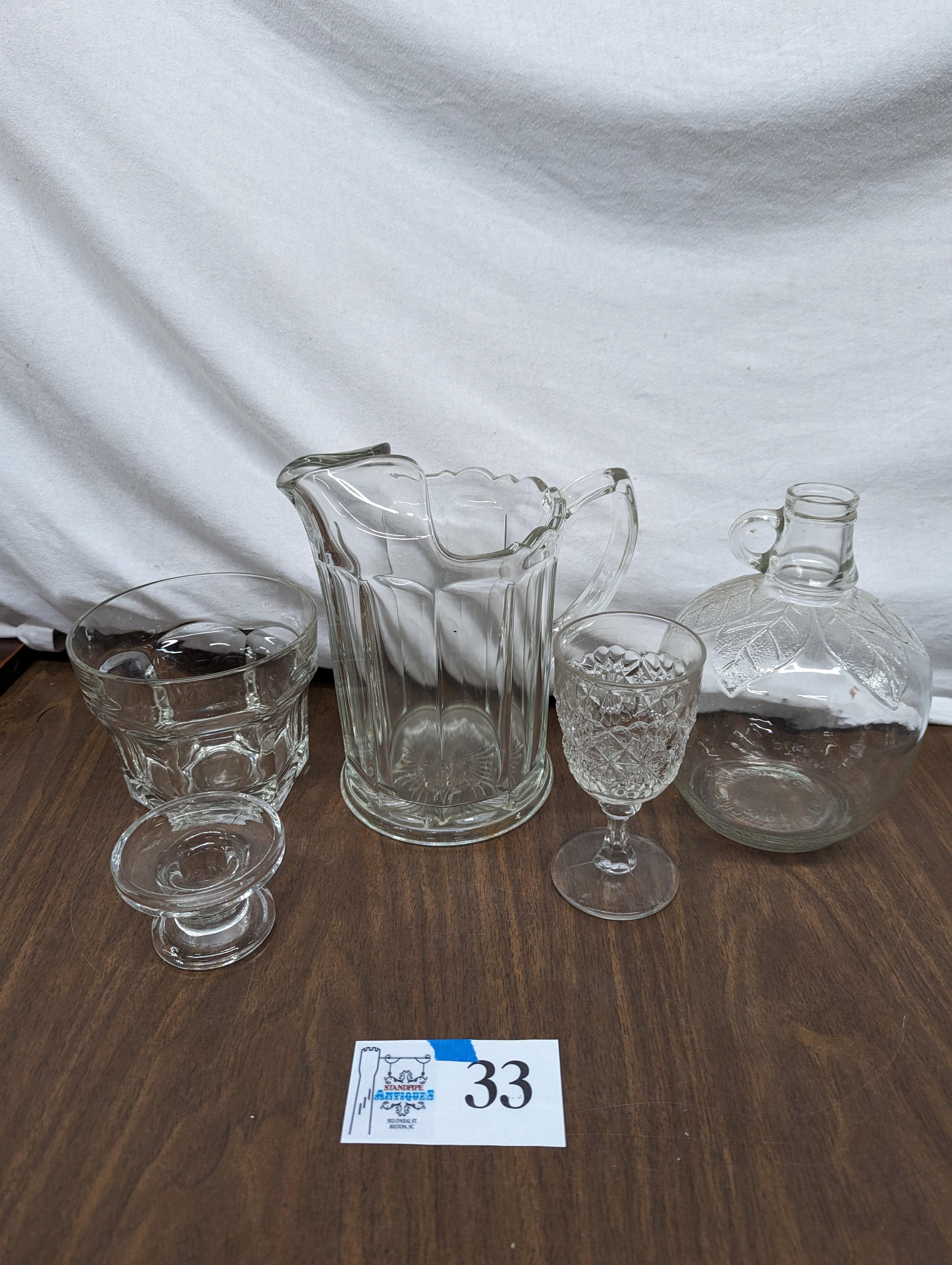 Glass lot, pitcher, bottle, etc