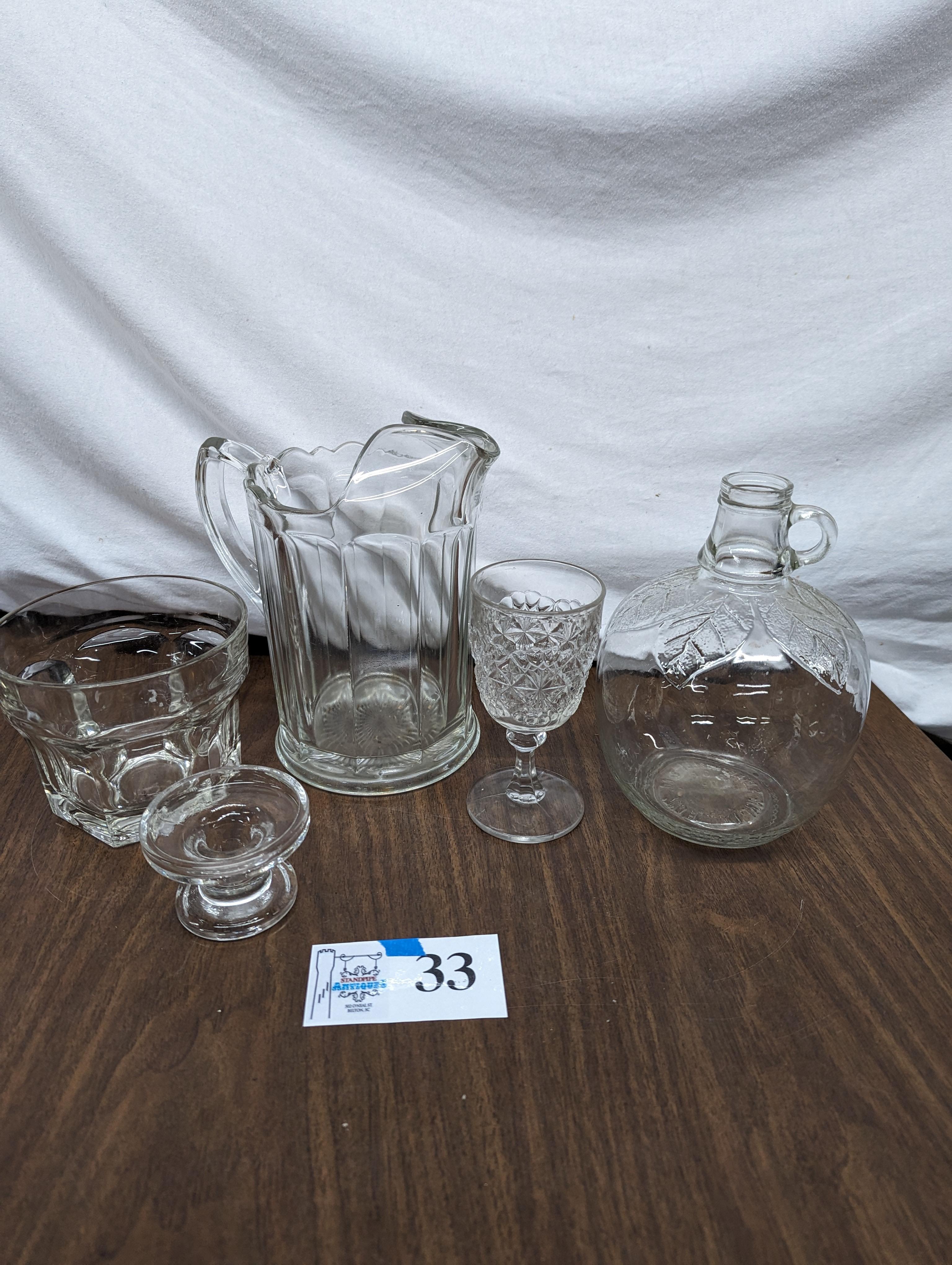 Glass lot, pitcher, bottle, etc