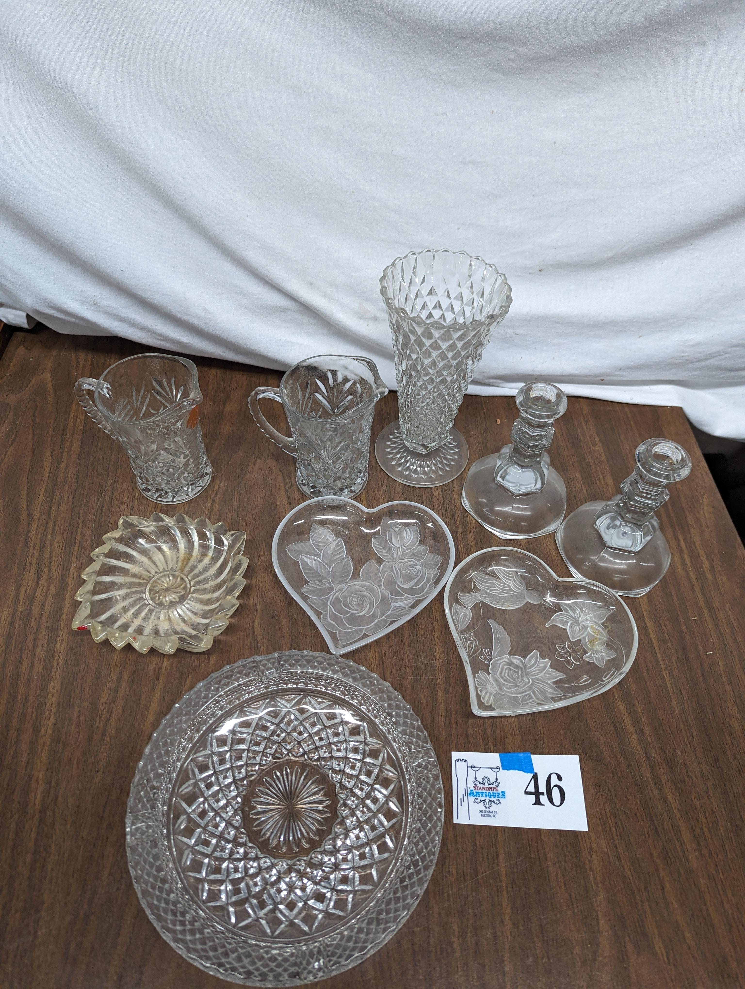 Glass Lot, Cups, Candle Holders, Heart Shaped Plates