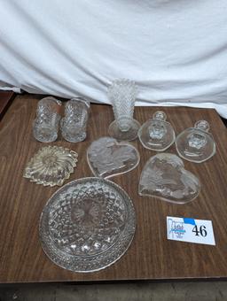 Glass Lot, Cups, Candle Holders, Heart Shaped Plates