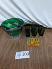 Green Glass Bowl and Cups, Mini Soda Bottles