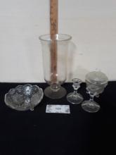 Clear Glass Lot, vase, candy dishes, candle sticks, footed bowl