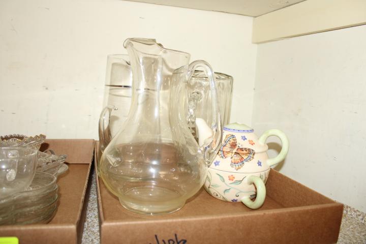 2 Box Lots- Box of Pitchers, Glass Serving Trays w/Cups, Etc.