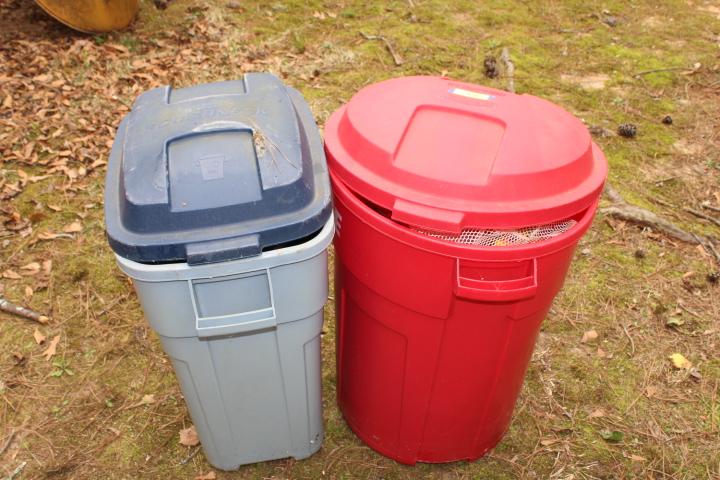 2 Trash Cans w/Life Jackets and Pool Toys