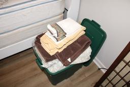 Large Green Tote w/Towels, Sheets, Pelzer Throw and More