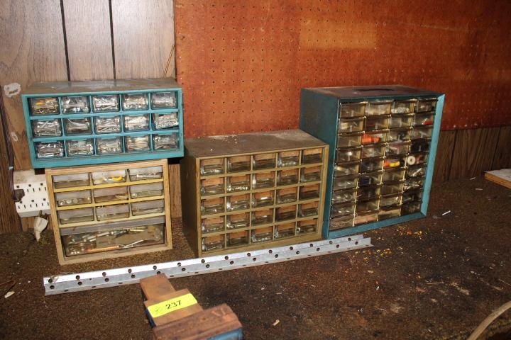 4" Bench Vise and 4 Parts Cabinets w/Contents