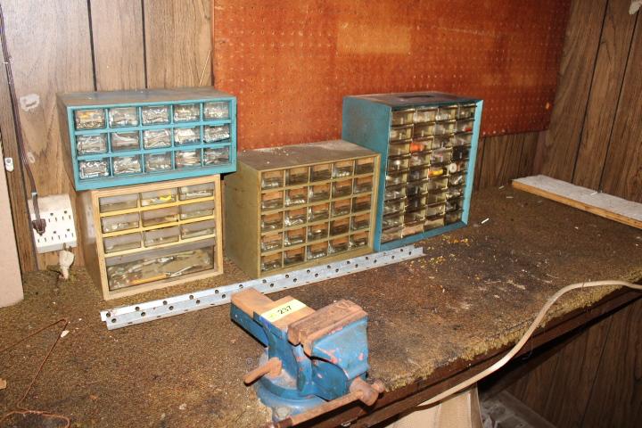 4" Bench Vise and 4 Parts Cabinets w/Contents