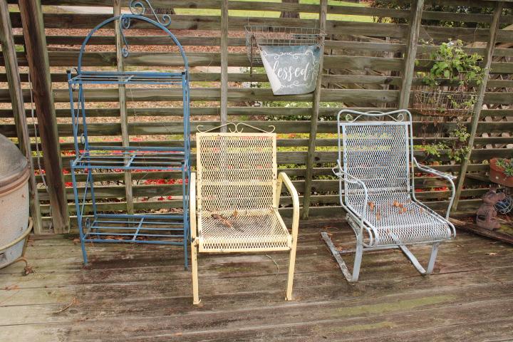 Metal Porch Glider w/Side Table, 2 Other Chairs and Rack