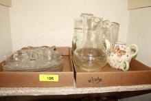 2 Box Lots- Box of Pitchers, Glass Serving Trays w/Cups, Etc.