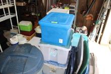 1 Large Lot of Totes, Tote Lids, Coolers, Trash Can