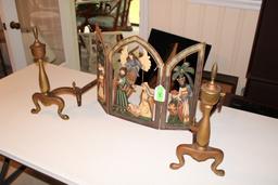 Nativity Scene Mini Fire Screen and Set of Andirons