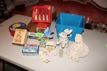 Box Lot- Tins, Figurines and Christmas Items