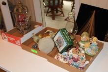 3 Box Lots- Candle Holders, Oil Lamp, Music Box, Water Globe