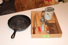 No. 8 Cast Iron Frying Pan, Flour Sifter, Old Kitchen Ware