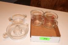 2 Glasbake Measuring Cups, Juicer and Bowl