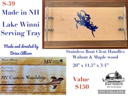 Lake Winni Wood Serving Tray with Stainless Steel Cleat Handles