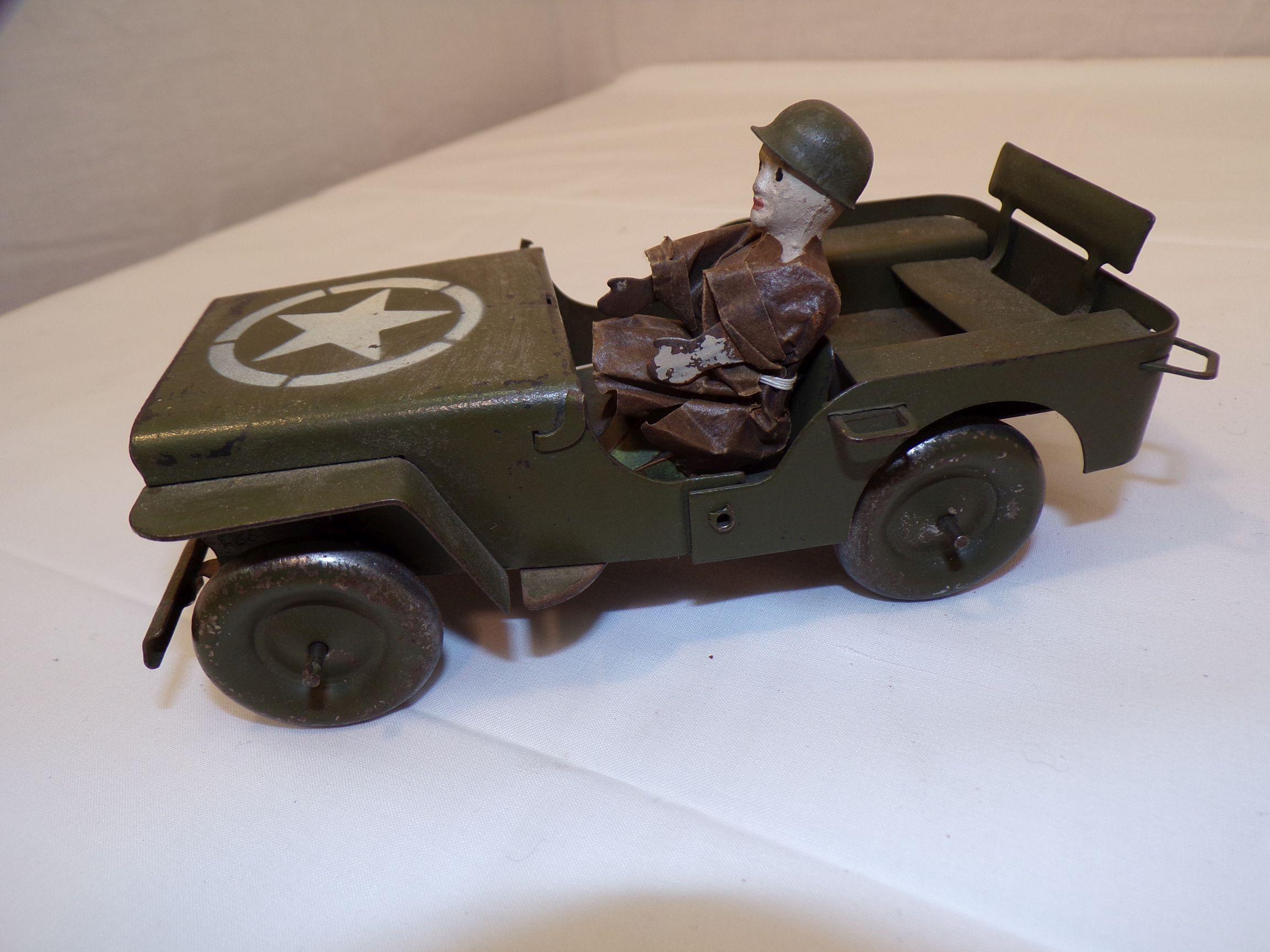 Early Pressed Steel Army Jeep and Figurine