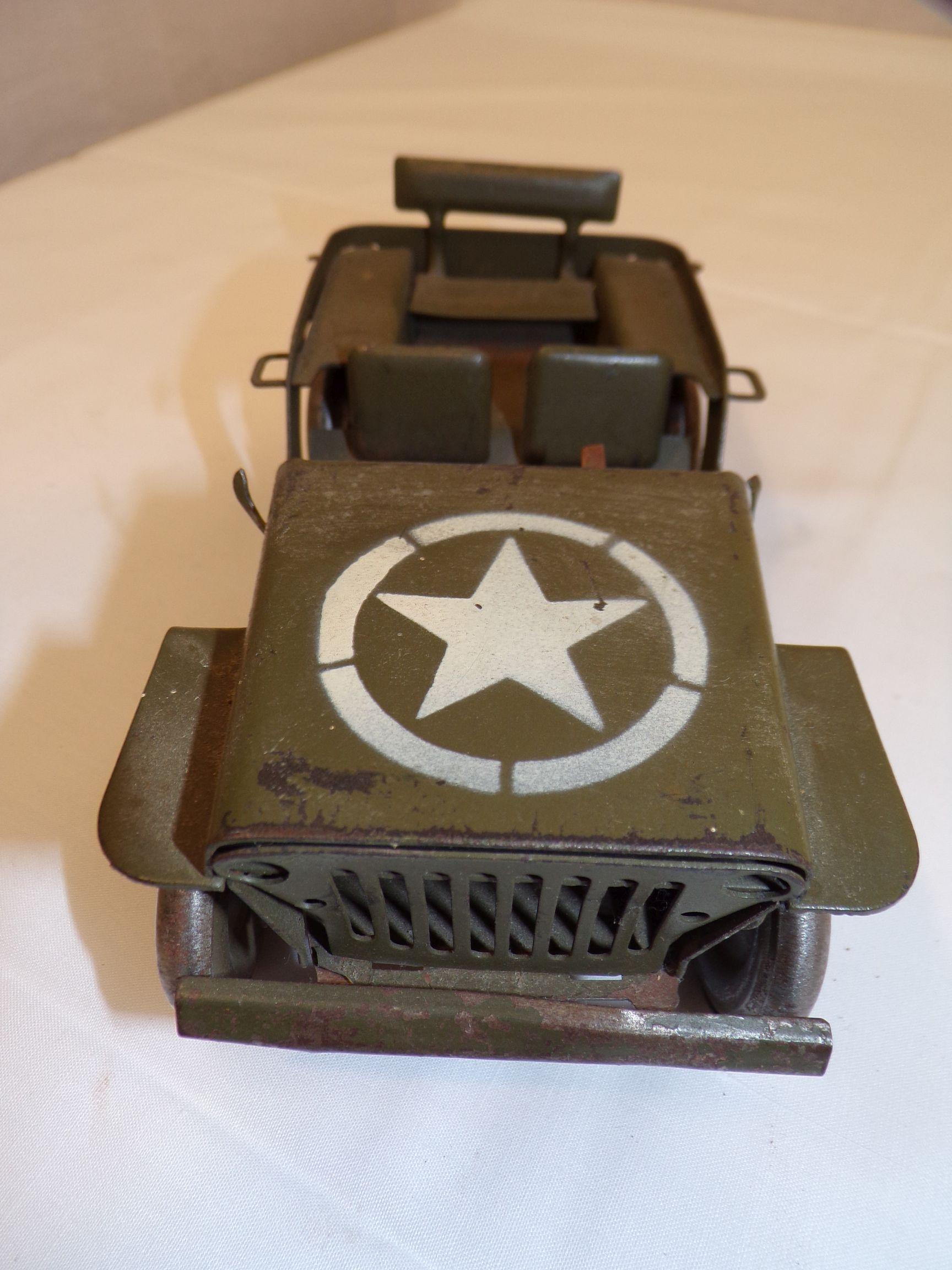 Early Pressed Steel Army Jeep and Figurine