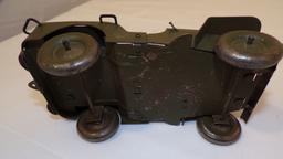 Early Pressed Steel Army Jeep and Figurine