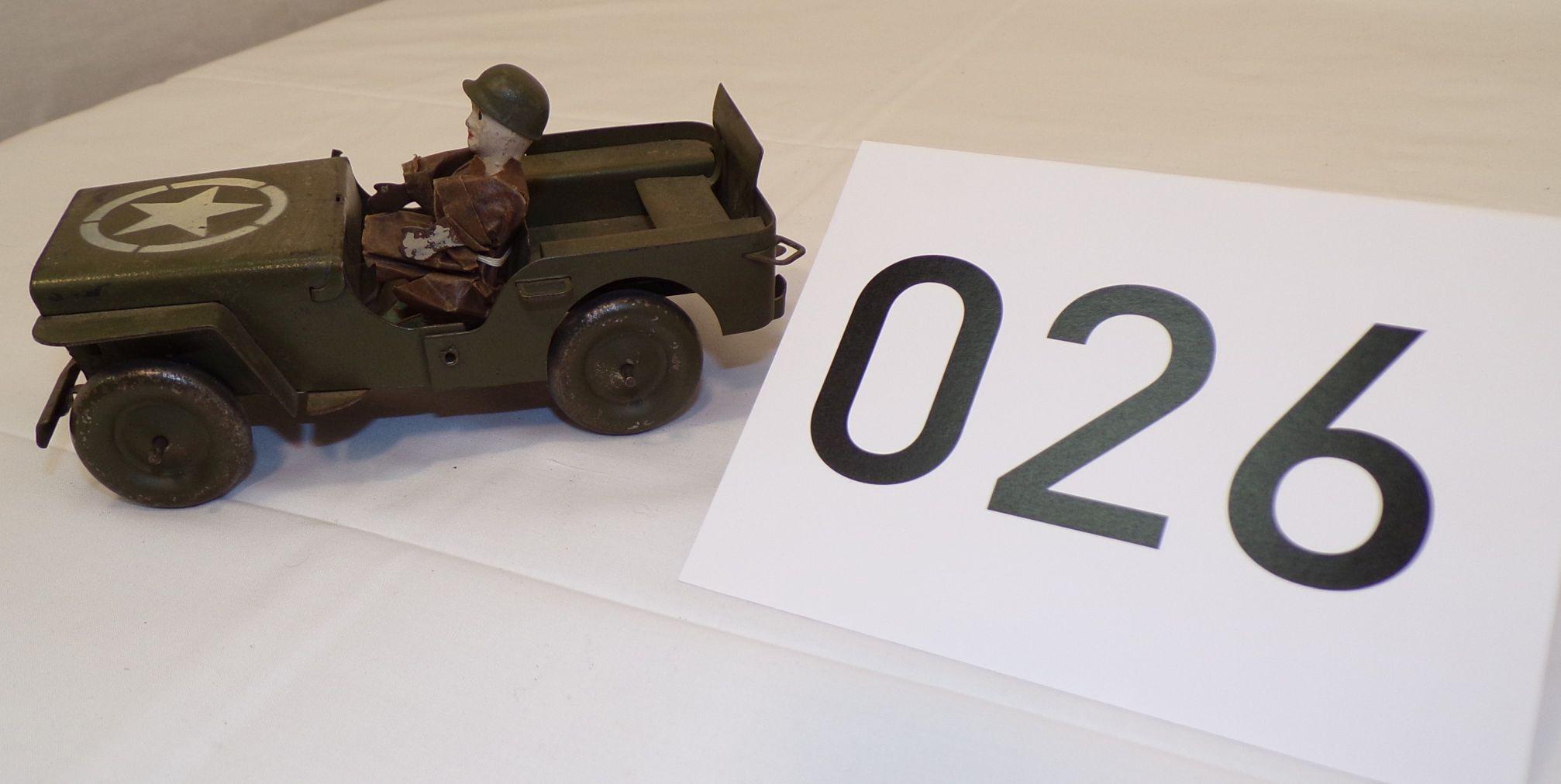 Early Pressed Steel Army Jeep and Figurine