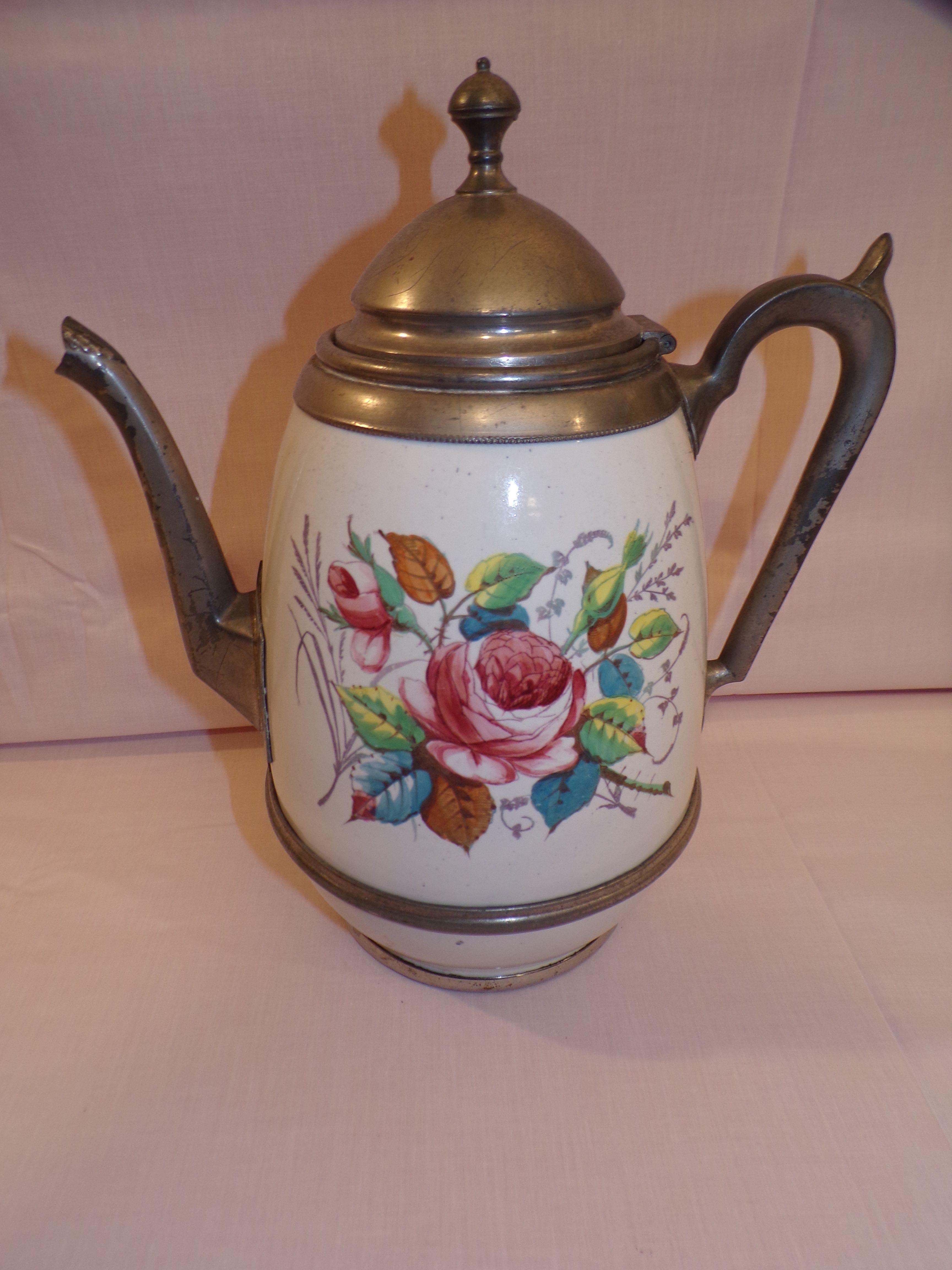 Antique Porcelain and Pewter Coffee Pot