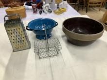 Macomb Pottery Bowl, Enamel Colander, Wire Basket & Grater