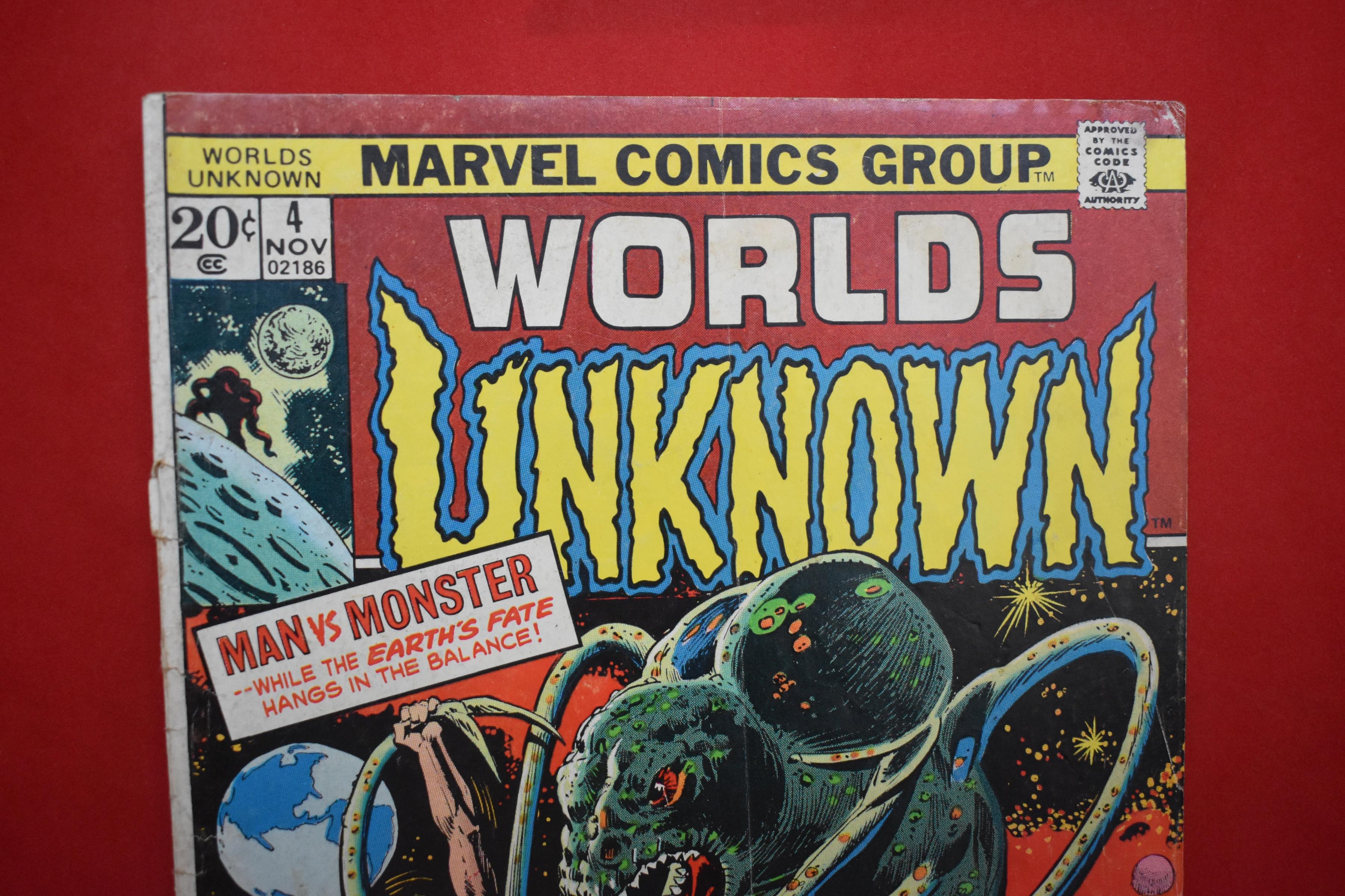 WORLD UNKNOWN #4 | MAN VS MONSTER! | DICK GIORDANO - 1973 | *TOP STAPLE - CREASING - WEAR - SEE PICS