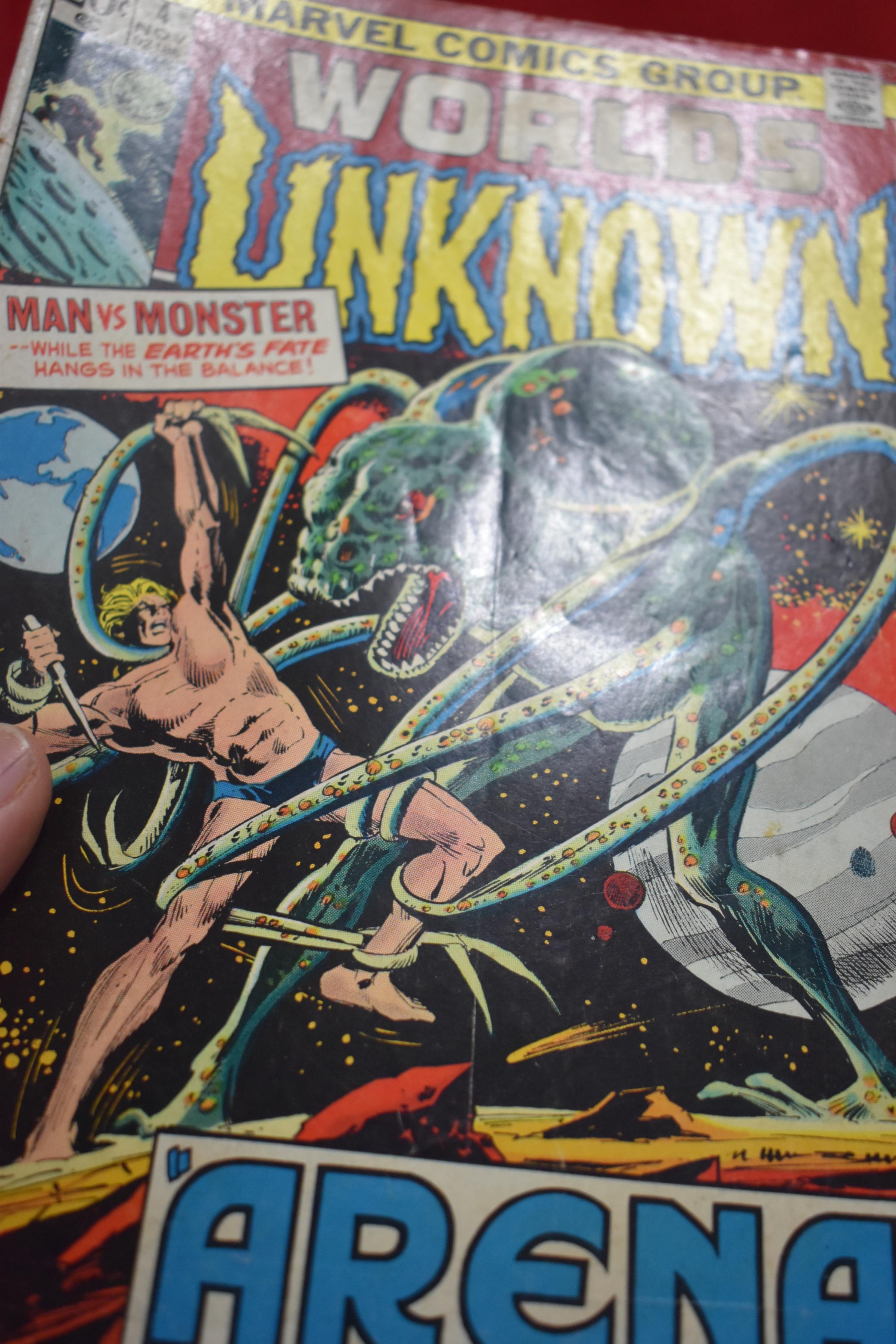 WORLD UNKNOWN #4 | MAN VS MONSTER! | DICK GIORDANO - 1973 | *TOP STAPLE - CREASING - WEAR - SEE PICS