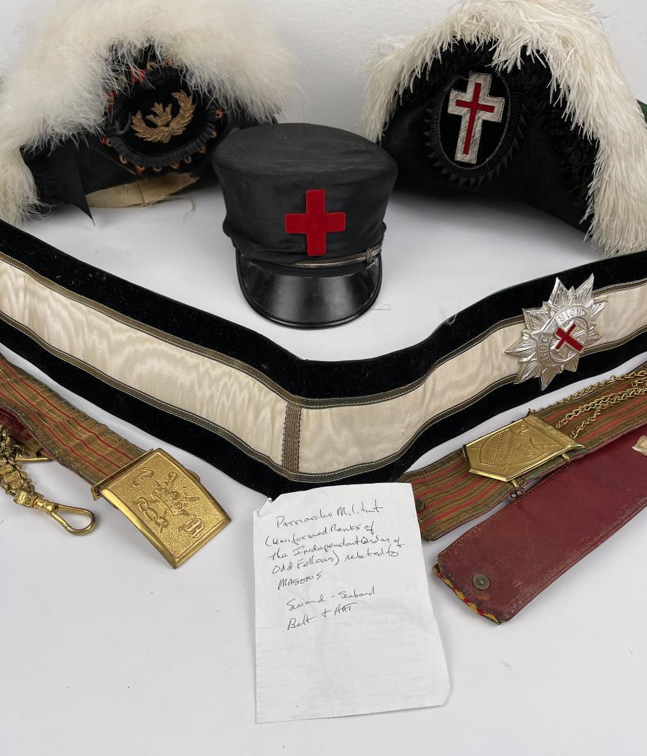 Group Of Antique Masonic Regalia Hats Belts