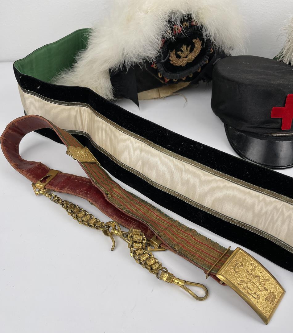 Group Of Antique Masonic Regalia Hats Belts
