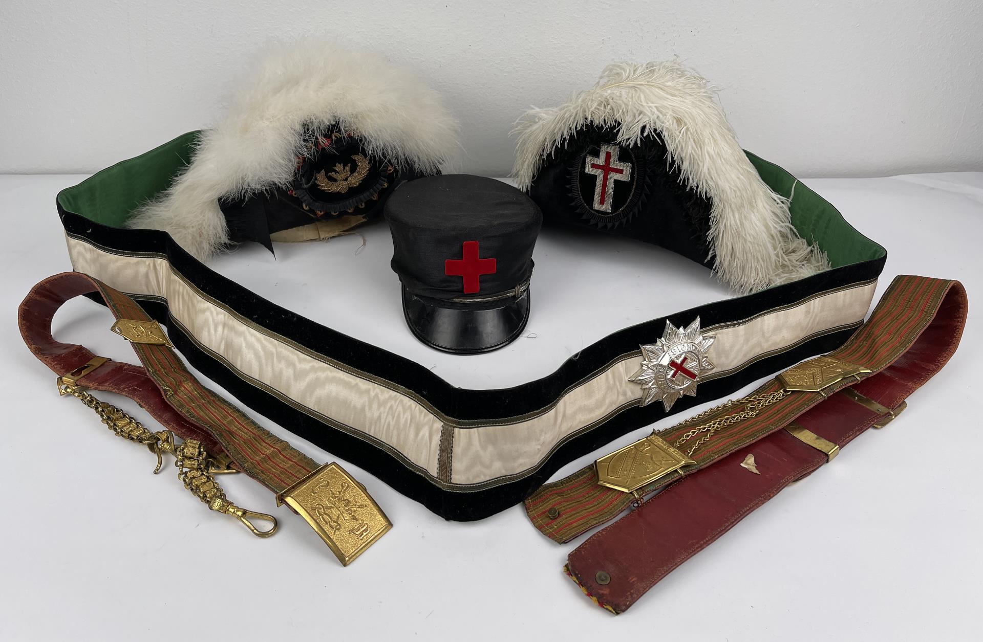 Group Of Antique Masonic Regalia Hats Belts