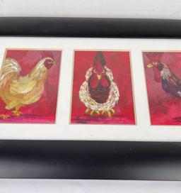 Folk Art Chicken Rooster Painting Tryptic