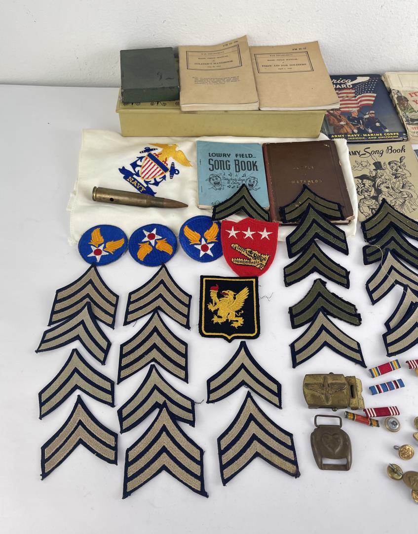 Large Group of Army Patches Medals Books