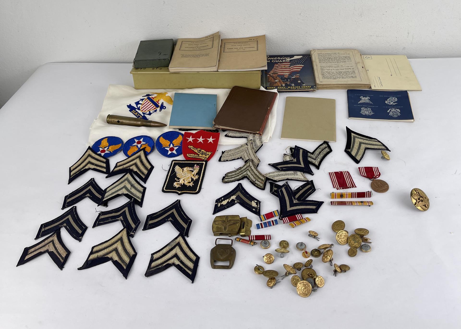 Large Group of Army Patches Medals Books