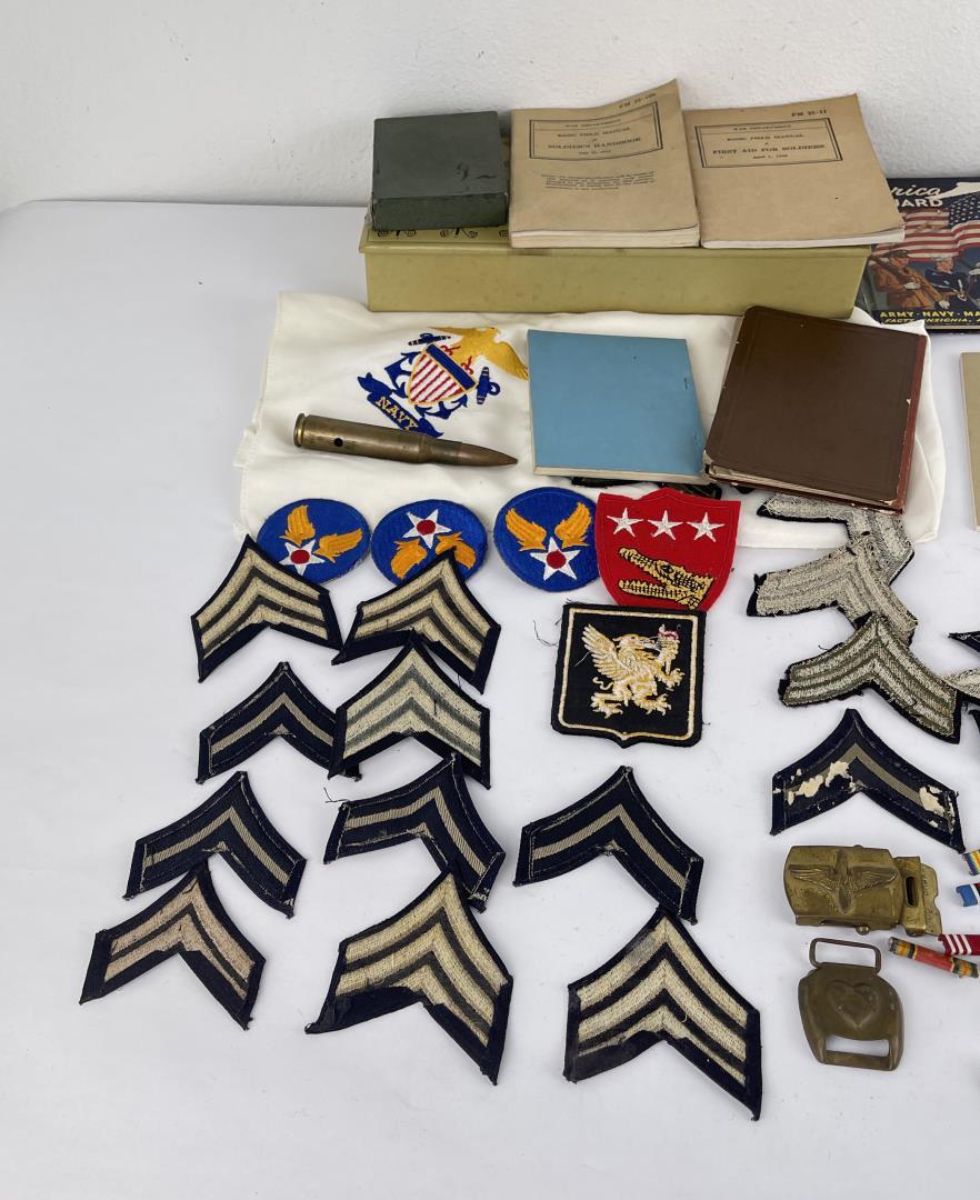 Large Group of Army Patches Medals Books