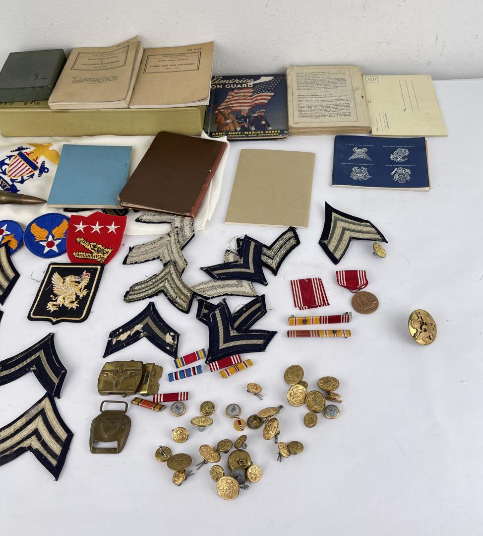 Large Group of Army Patches Medals Books