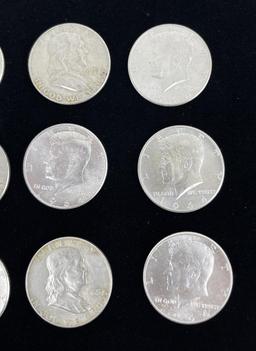 Lot of 12 Kennedy and Franklin Silver Half Dollars